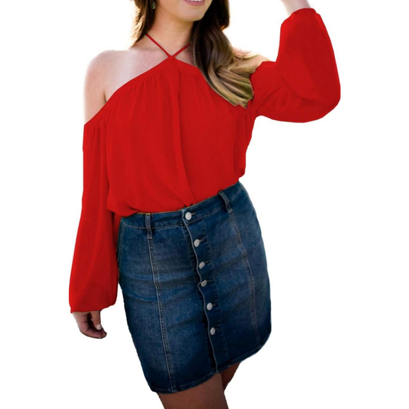 Vemvan Women's Spaghetti Halter Off The Shoulder Blouse Long Sleeve Shirt Tops - Picture 2 of 4